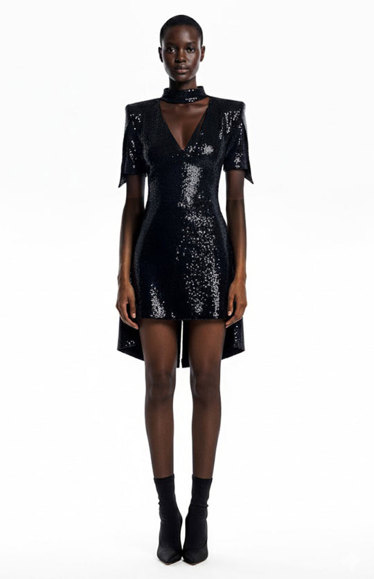 mini black sequin dress with short sleeves and back tails