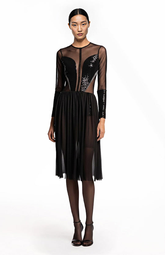 Model wearing a sheer black cocktail dress with sleeves