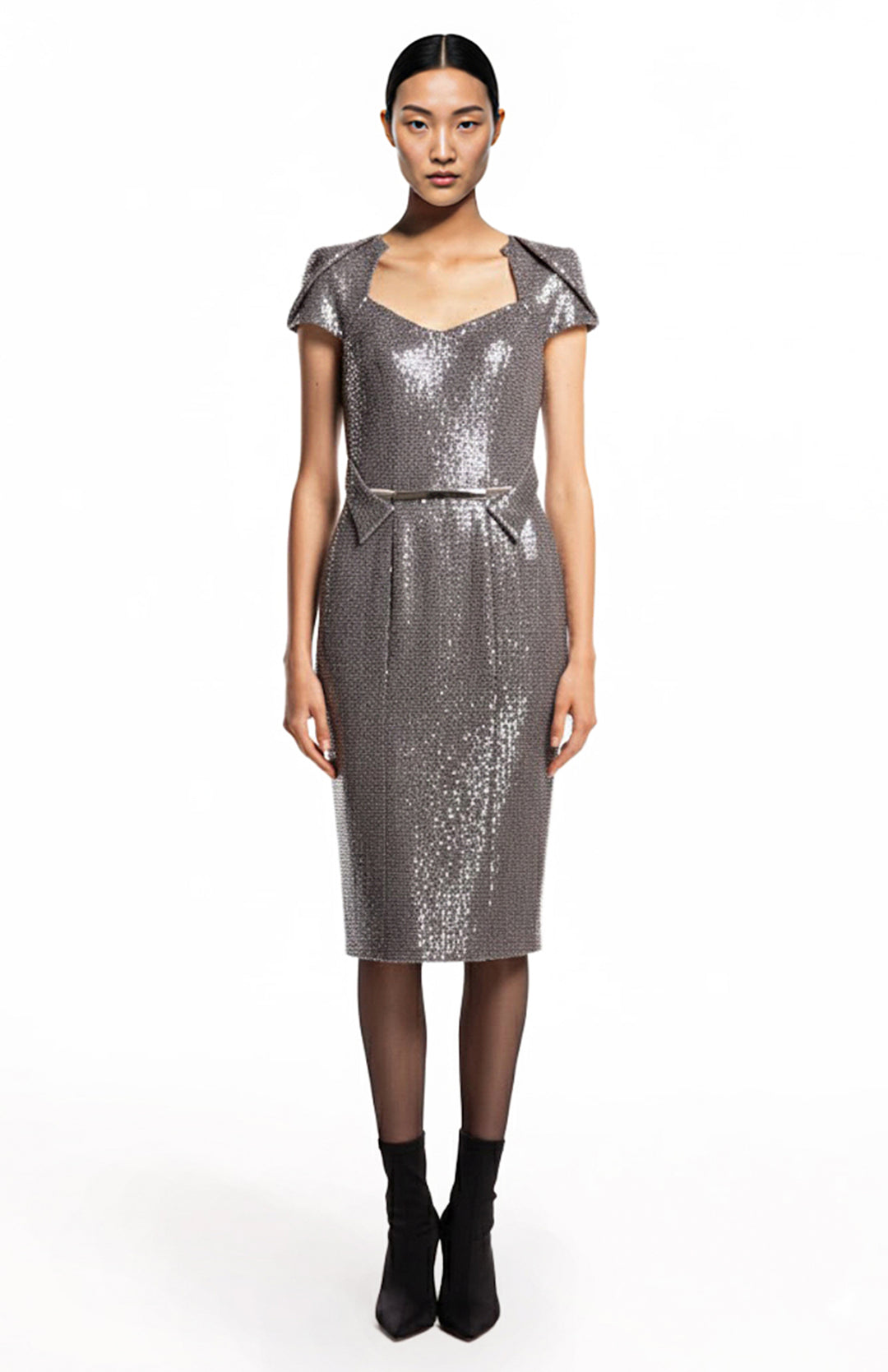 model is wearing midi silver sequin cocktail dress