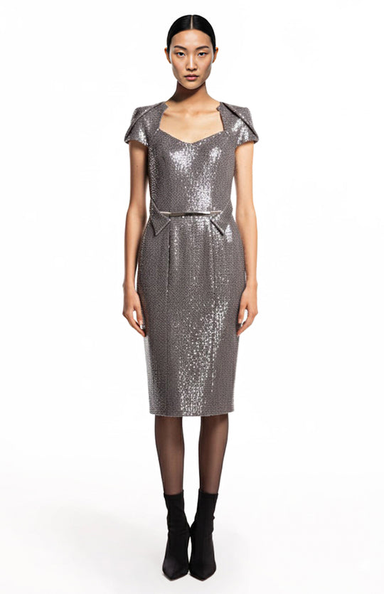 model is wearing midi silver sequin cocktail dress