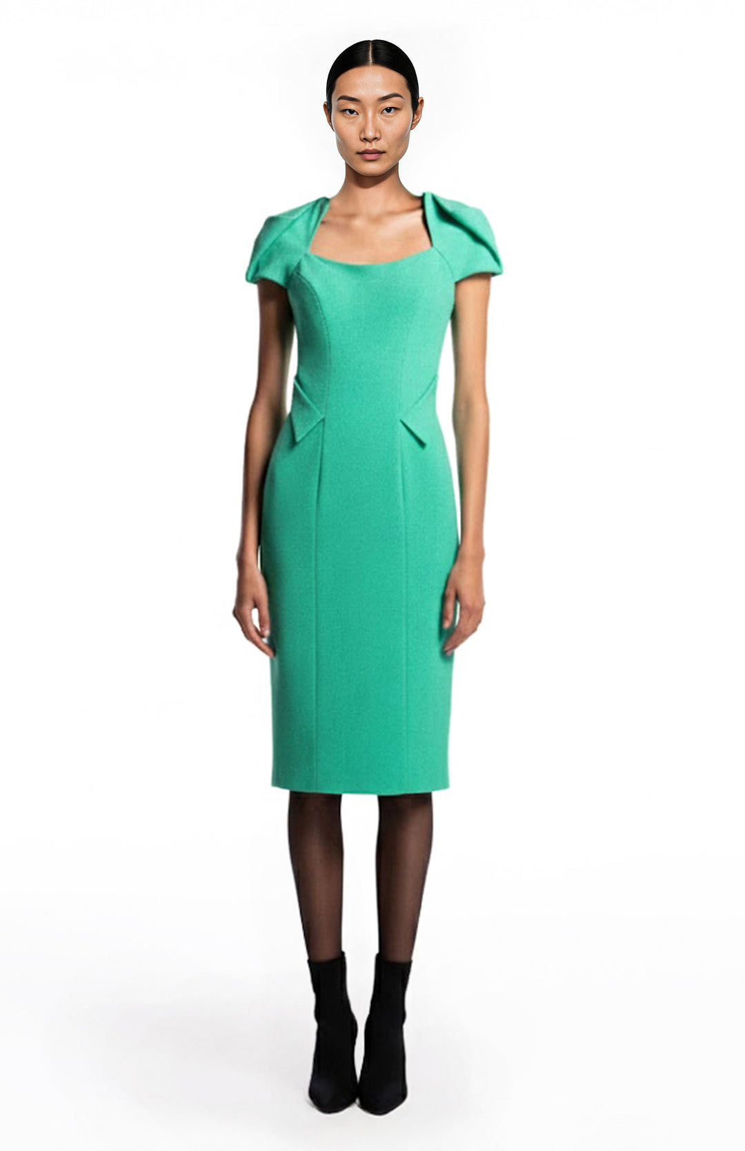 Model wearing a jade green midi fitted dress