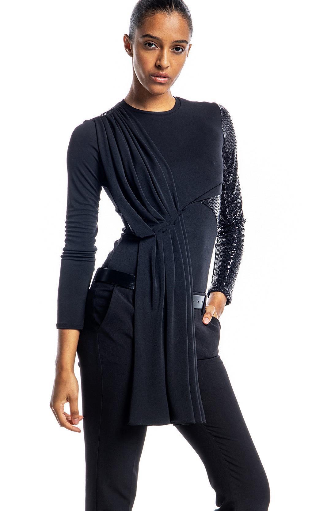 black draped jersey long sleeve top