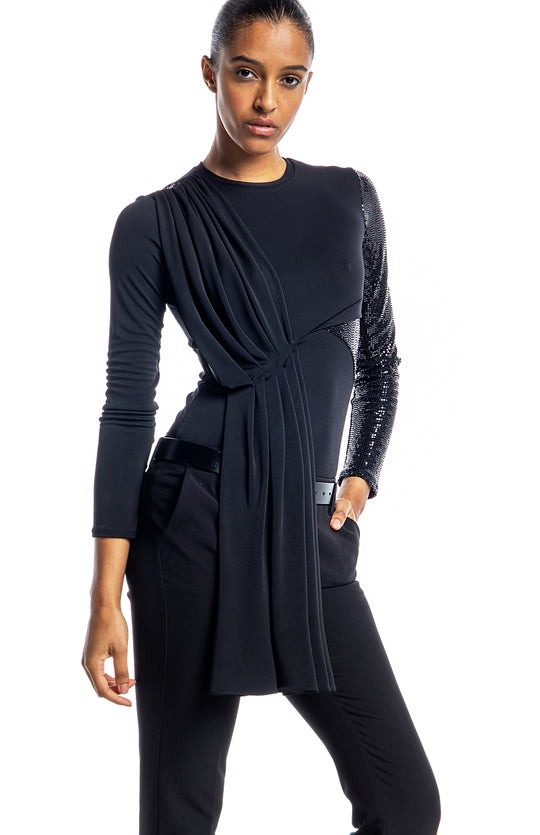 black draped jersey long sleeve top