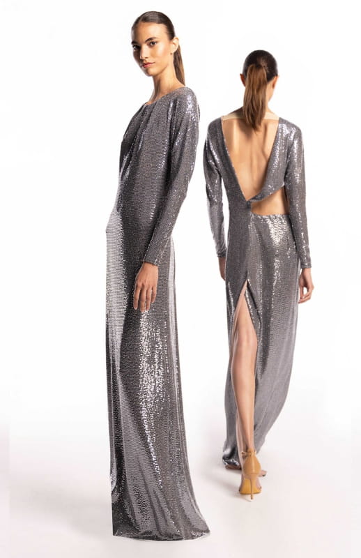 backless silver gown