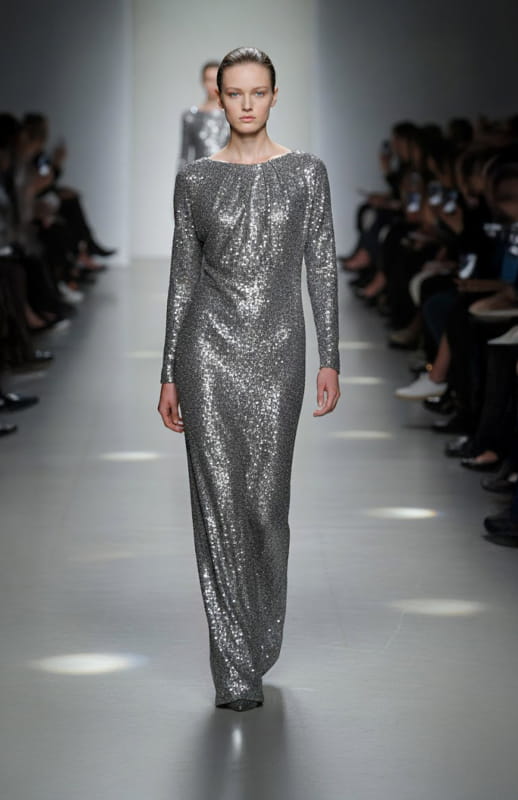 model is wearing long silver sequin dress on the runway