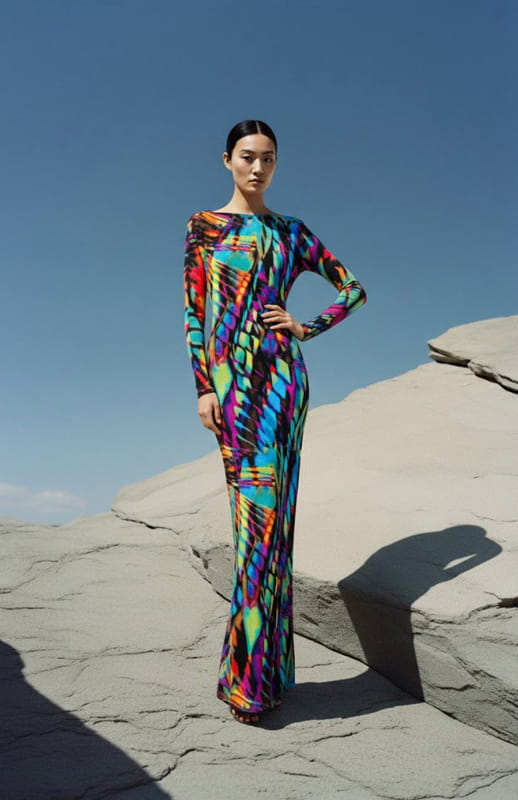 model is wearing a long printed jersey dress