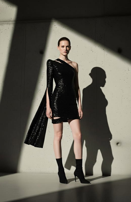 model wearing a one sleeve mini black sequin dress