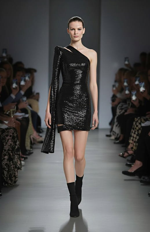 Model wearing a mini black sequin dress with cutouts and asymmetrical sleeve on a runway with an audience.