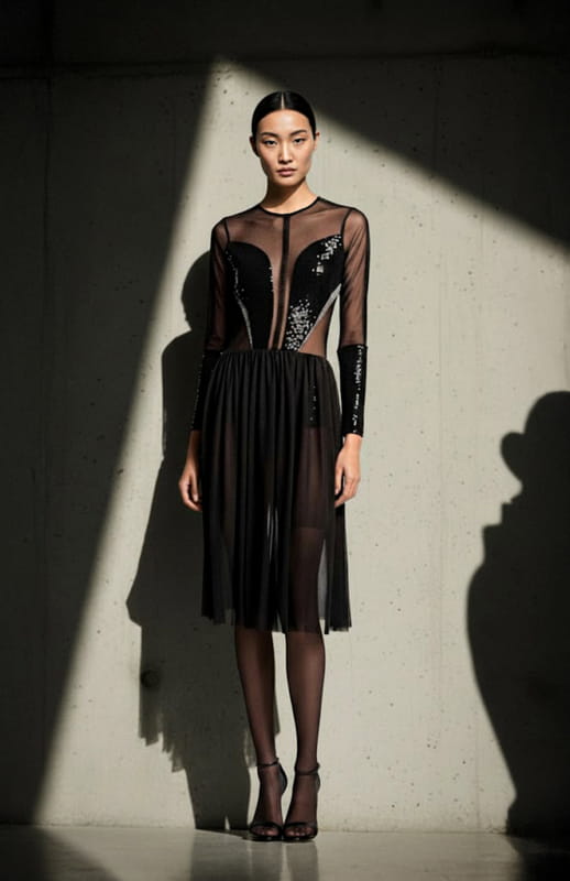 model is wearing a black sheer cocktail dress with sleeves