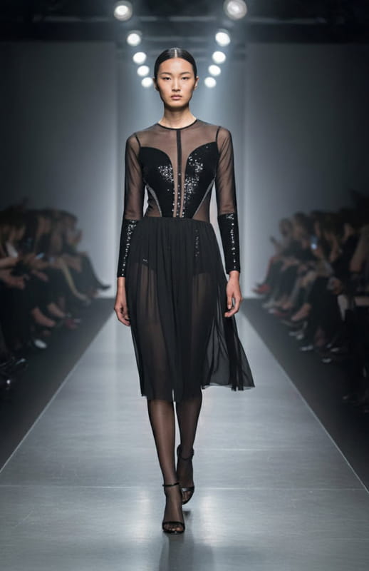 model wearing sheer black cocktail dress with sleeves