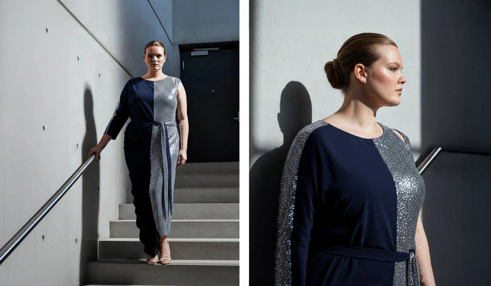 Silver sequined dress with black sleeves and waistband, modern design.