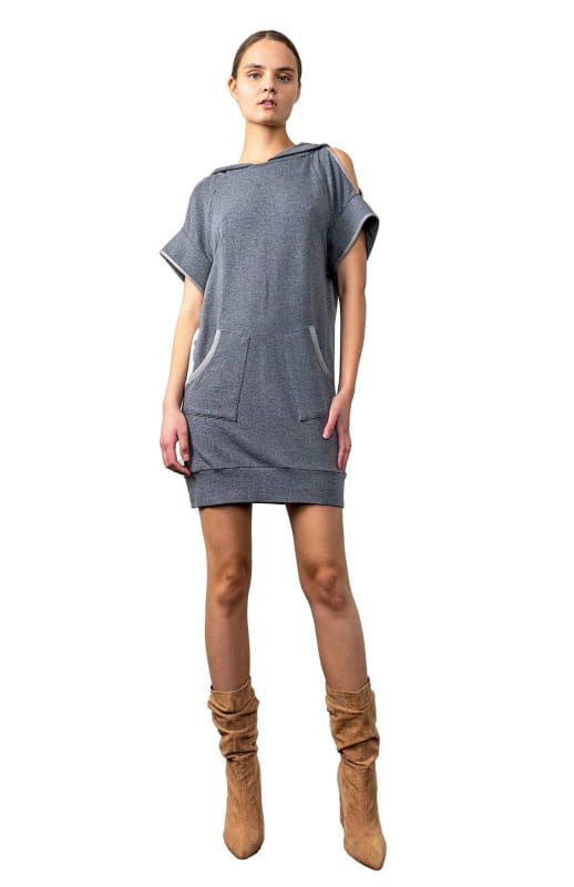 Kimono style, smart casual, short,  designer sweat dress in lux dark grey jersey knit. Contrast binding, cold shoulder cutouts, draped sleeves and oversized hood.