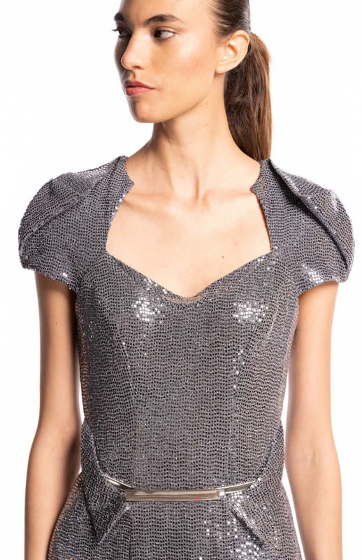 draped sleeve sequin dress