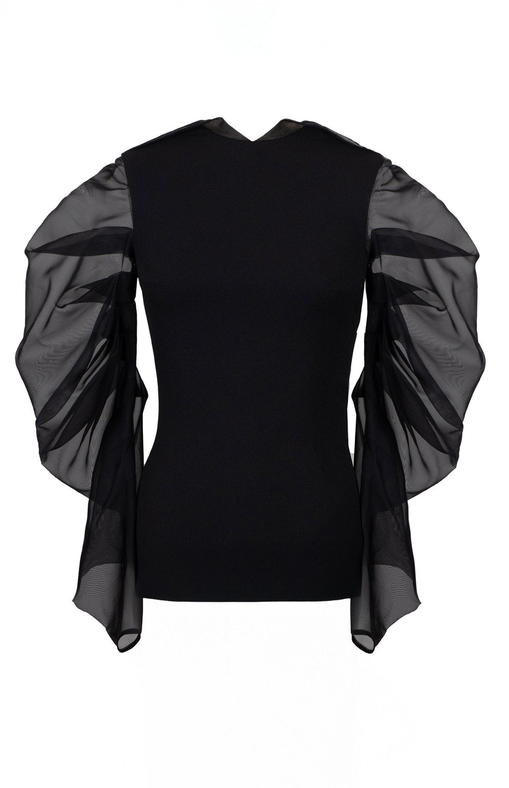 black top with draped sheer sleeves