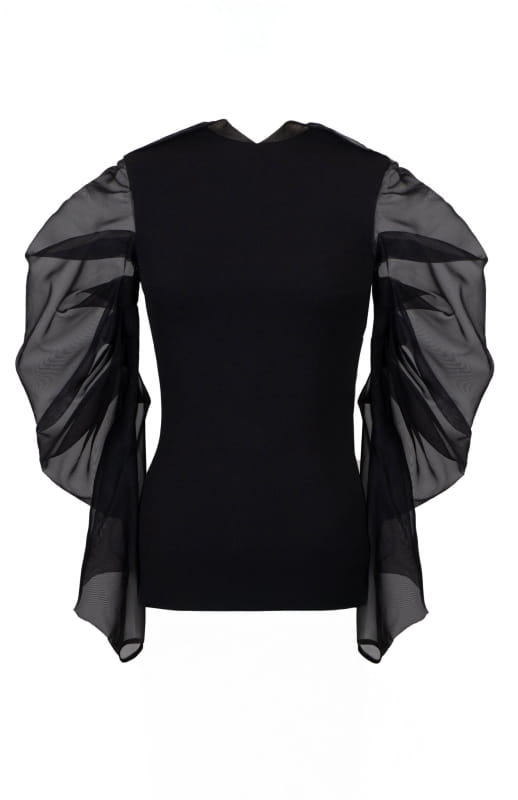black top with draped sheer sleeves