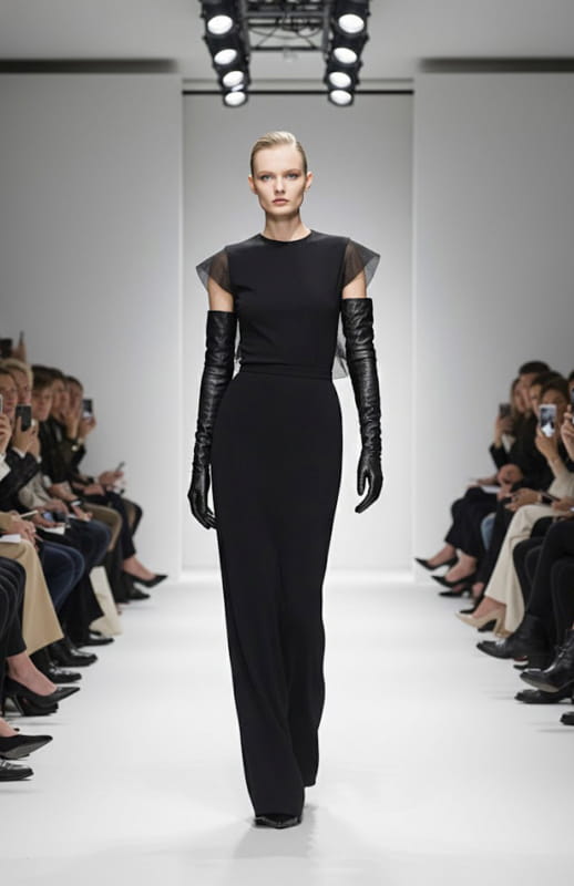 model is wearing sculptural black top and long black skirt on the runway