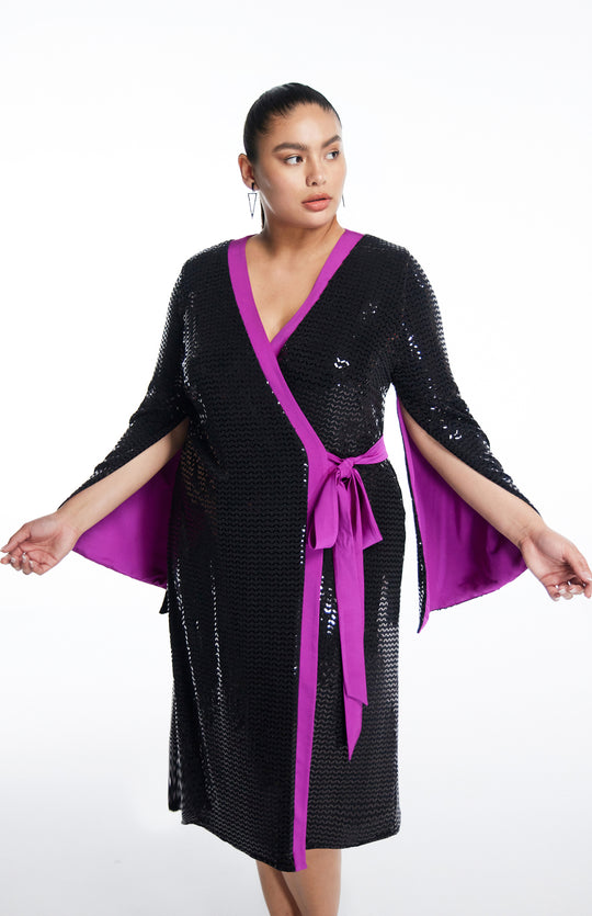 Amaryllis | Plus Size Sequin Wrap Dress With Kimono Style Sleeves