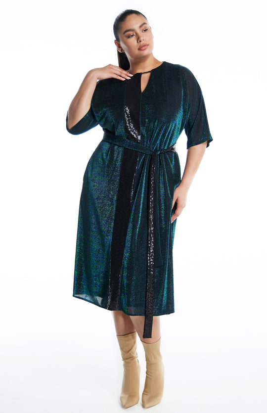 Aretousa |  Plus Size Belted Cocktail Dress In Iridescent Green Knit