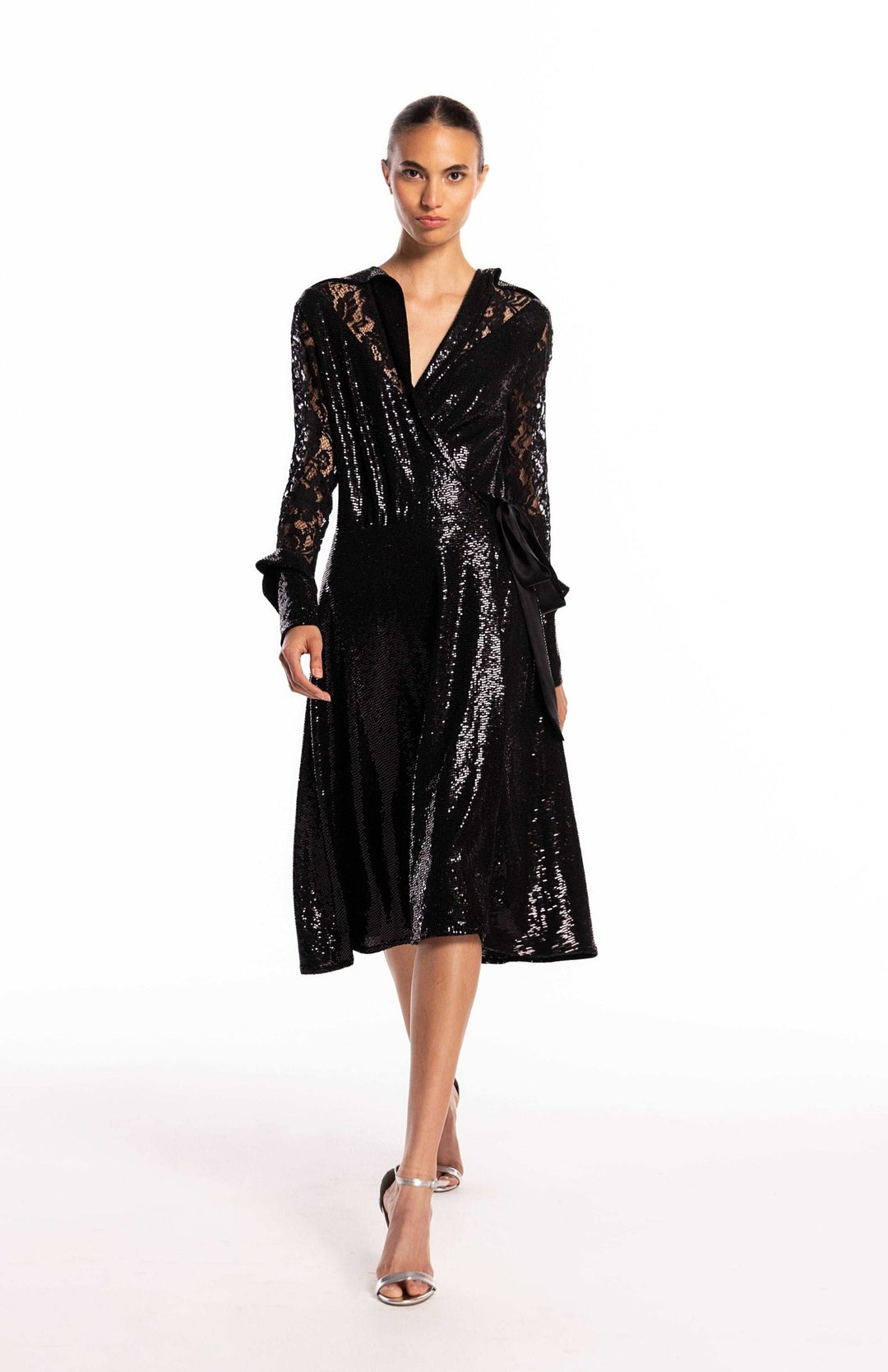 black sequin wrap dress with lace