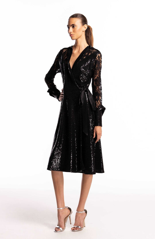 black sequin wrap dress with lace sleeves
