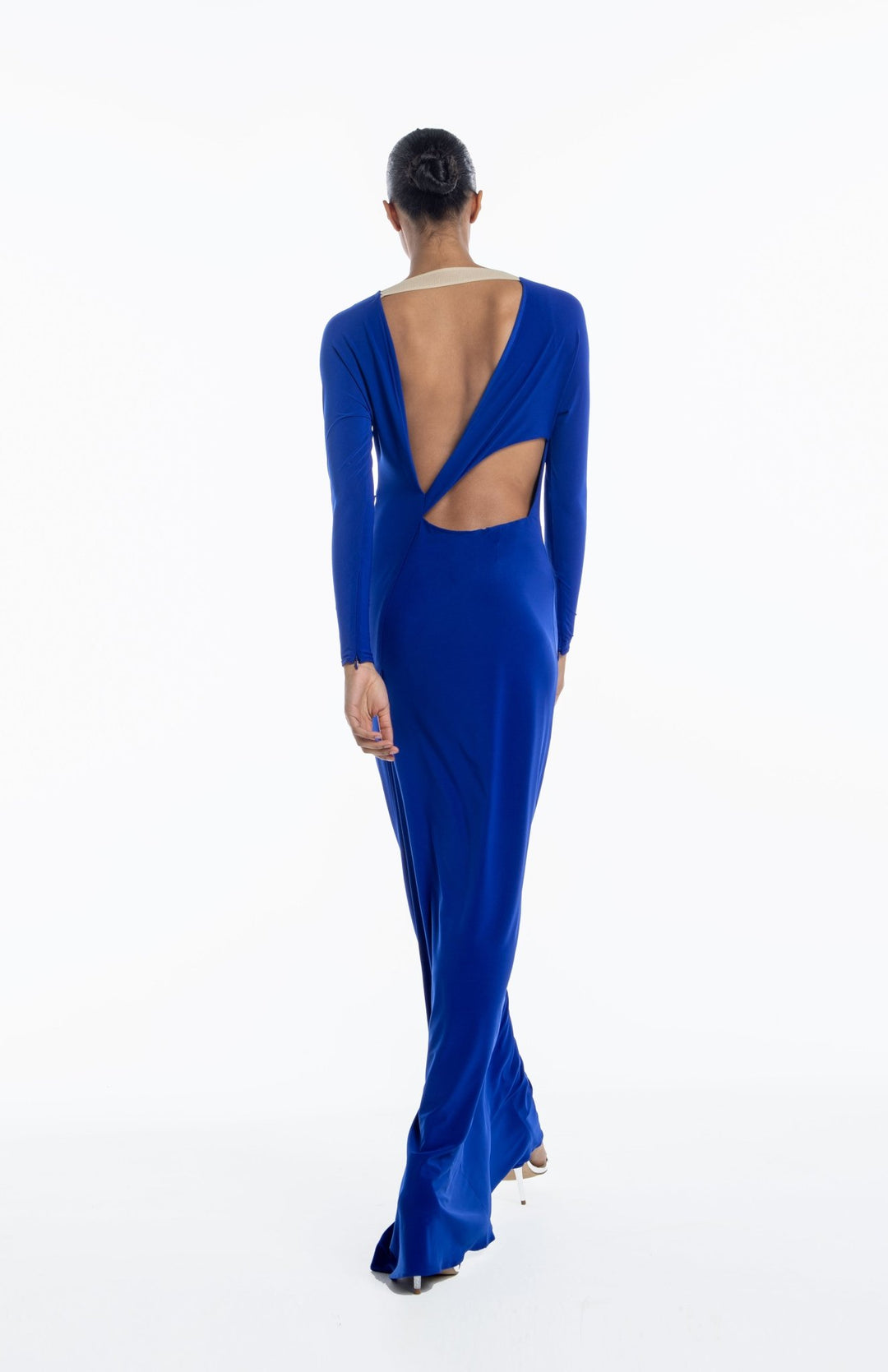 Grecian style, Long sleeve long dress, with back cutout detail in royal blue jersey knit