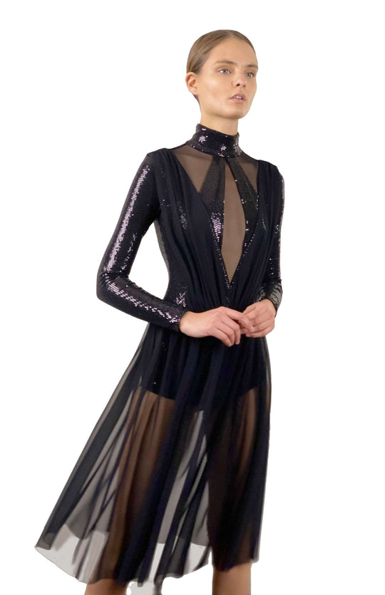 Cool, black, long sleeve, turtleneck, bodysuit dress with draped low neckline and sheer skirt. 