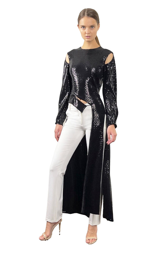 Stylish, Long Sleeve Long Sequin Top, With Tails