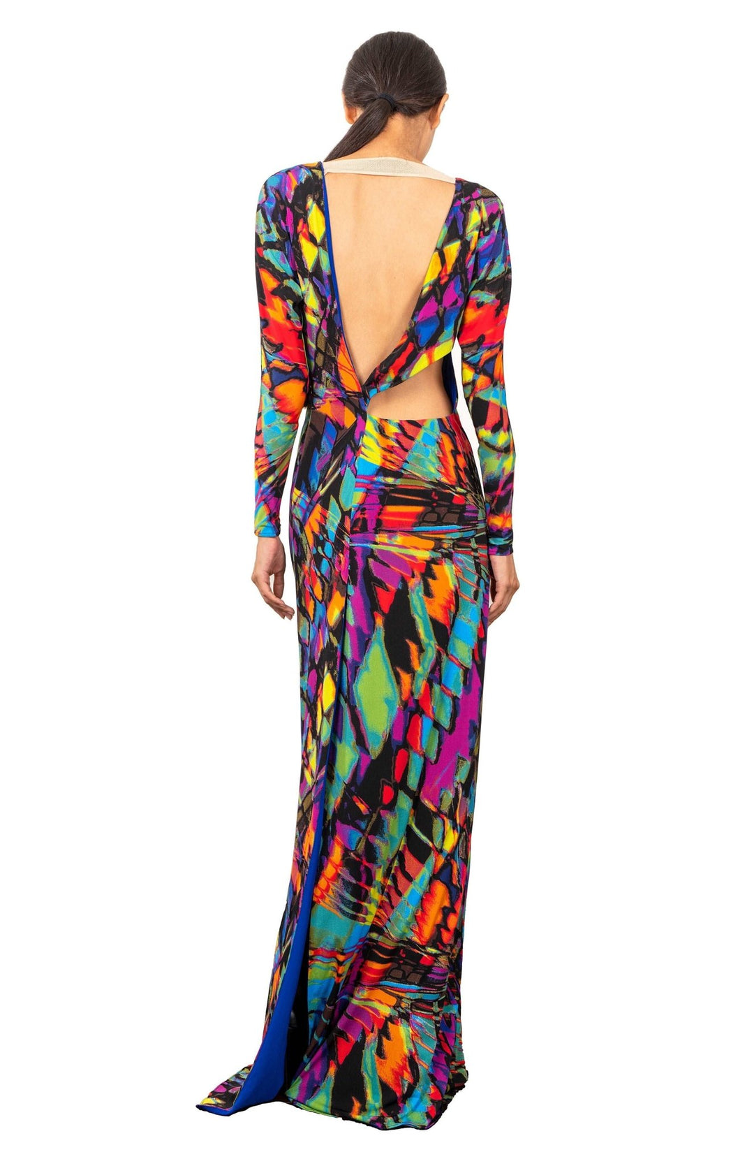 Grecian style, printed, long sleeve long dress, with back cutout detail in bright colored jersey knit