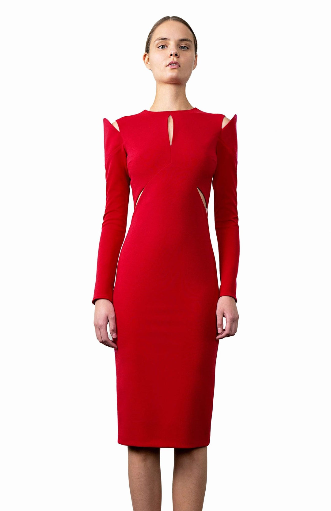red long sleeve fitted dress