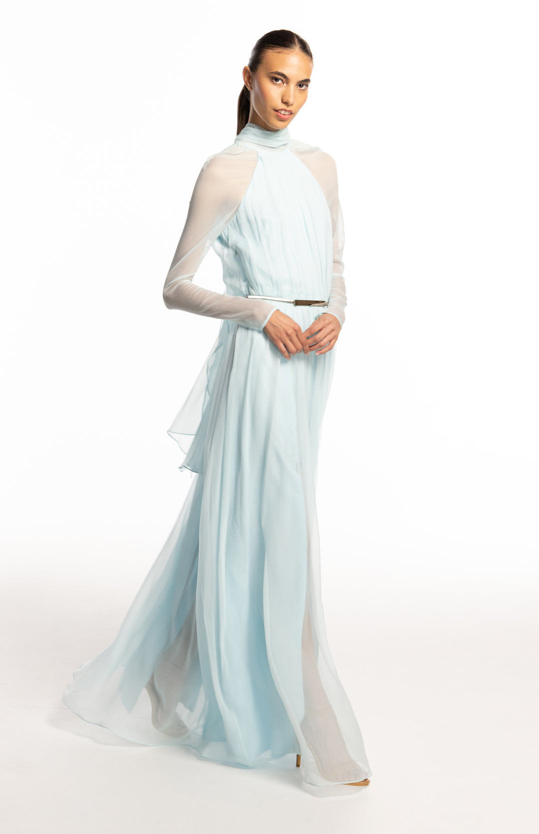 Elegant long silk chiffon mint dress