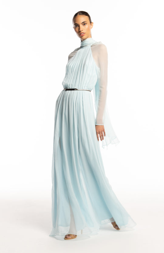 ethereal long silk chiffon dress with sleeves