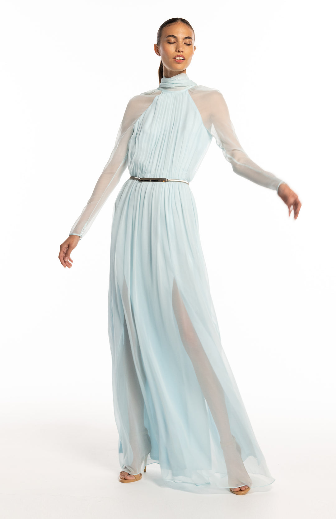 sheer silk chiffon gown with sleeves