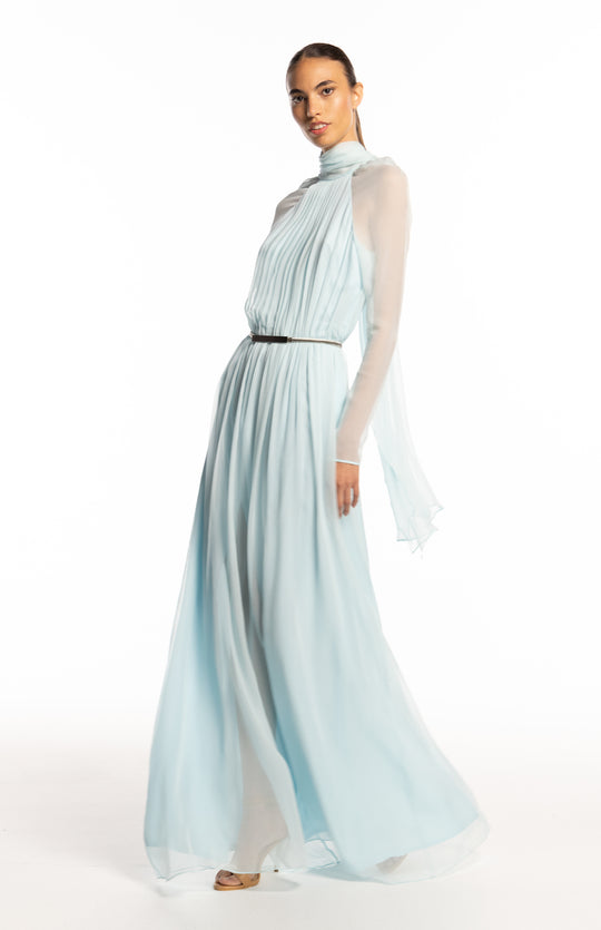 High neck long silk chiffon dress