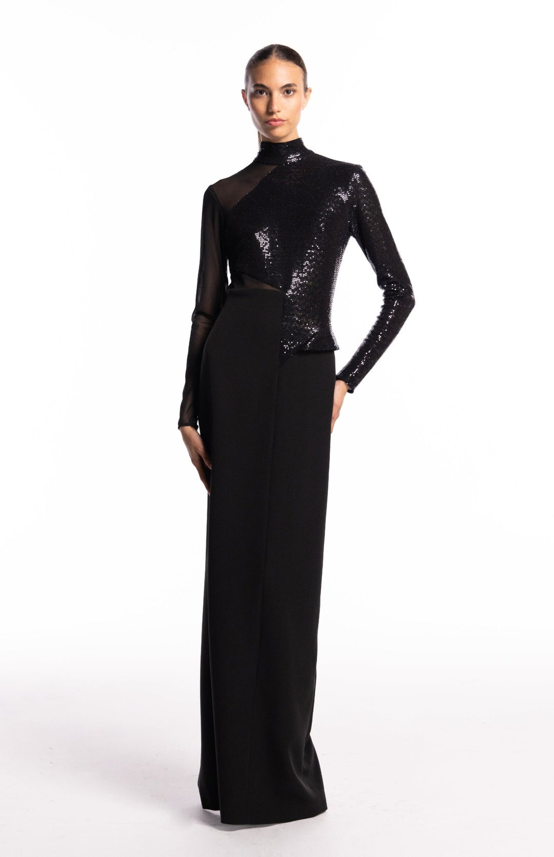 long sleeve black evening gown