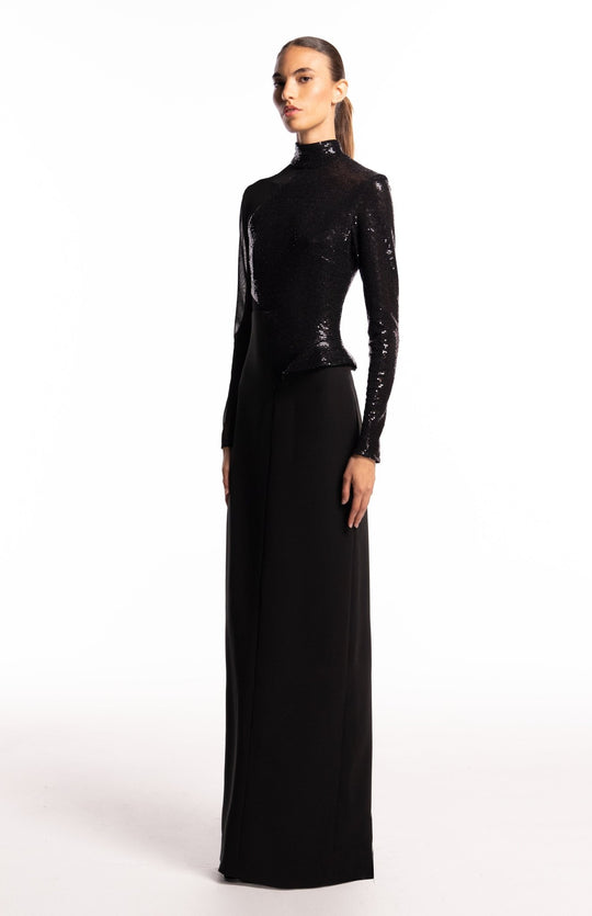 high neck long sleeve gown