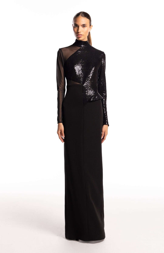 high neck long sleeve gown in black