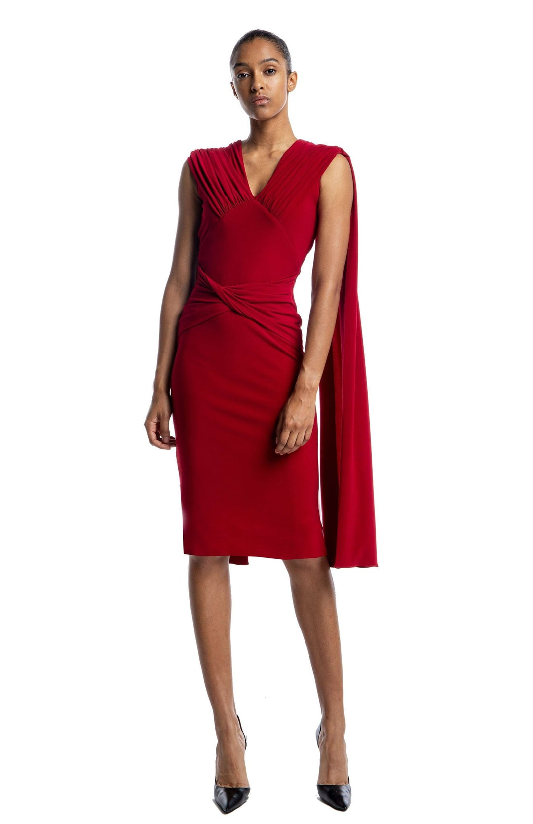  red open back cocktail dress with cape