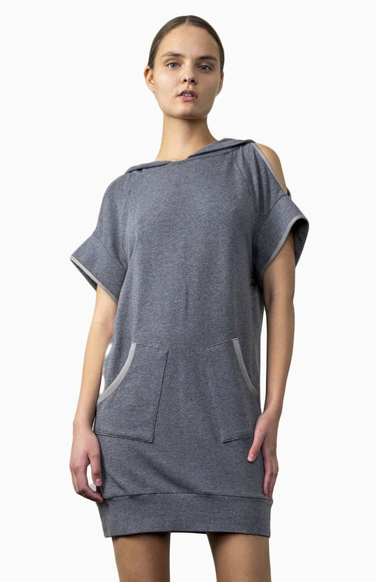 Sexy chic, kimono style, smart casual, short,  designer sweat dress in lux dark grey jersey knit. Contrast binding, cold shoulder cutouts, draped sleeves and oversized hood.