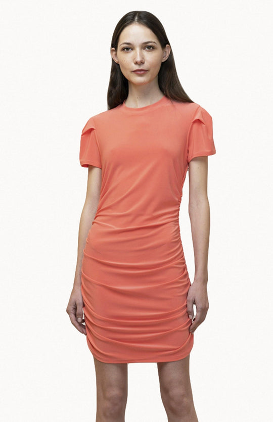 Coral, short sleeve, smart casual tee dress in jersey knit. Body gathers and draped sleeves.