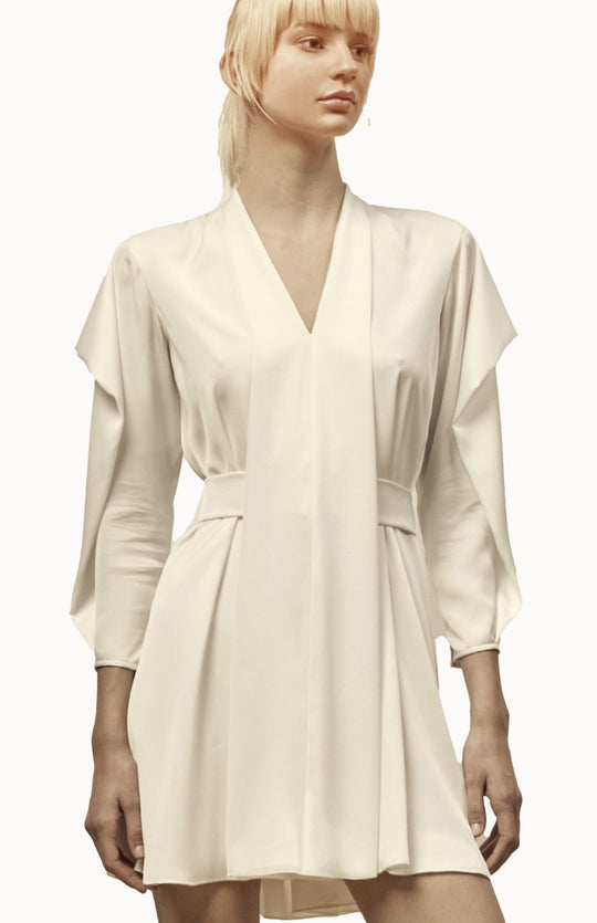 Off white, short, belted dress, with kimono style draped sleeves in lux satin fabric