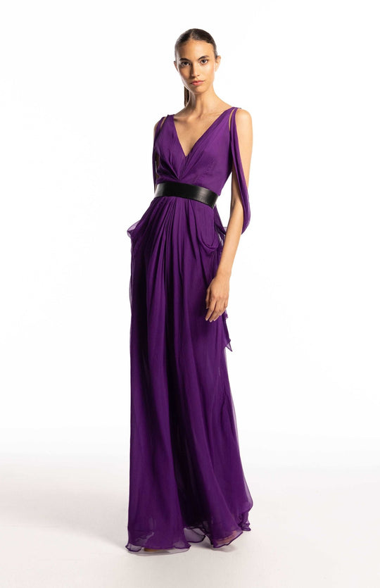 silk maxi dress in aubergine color