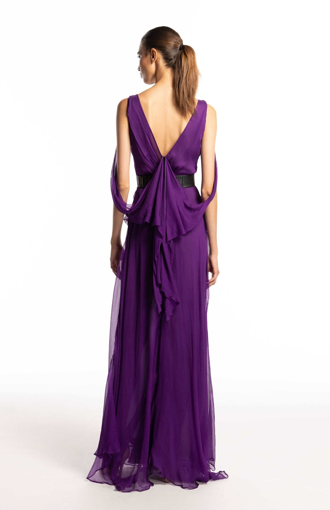 back, draped gown