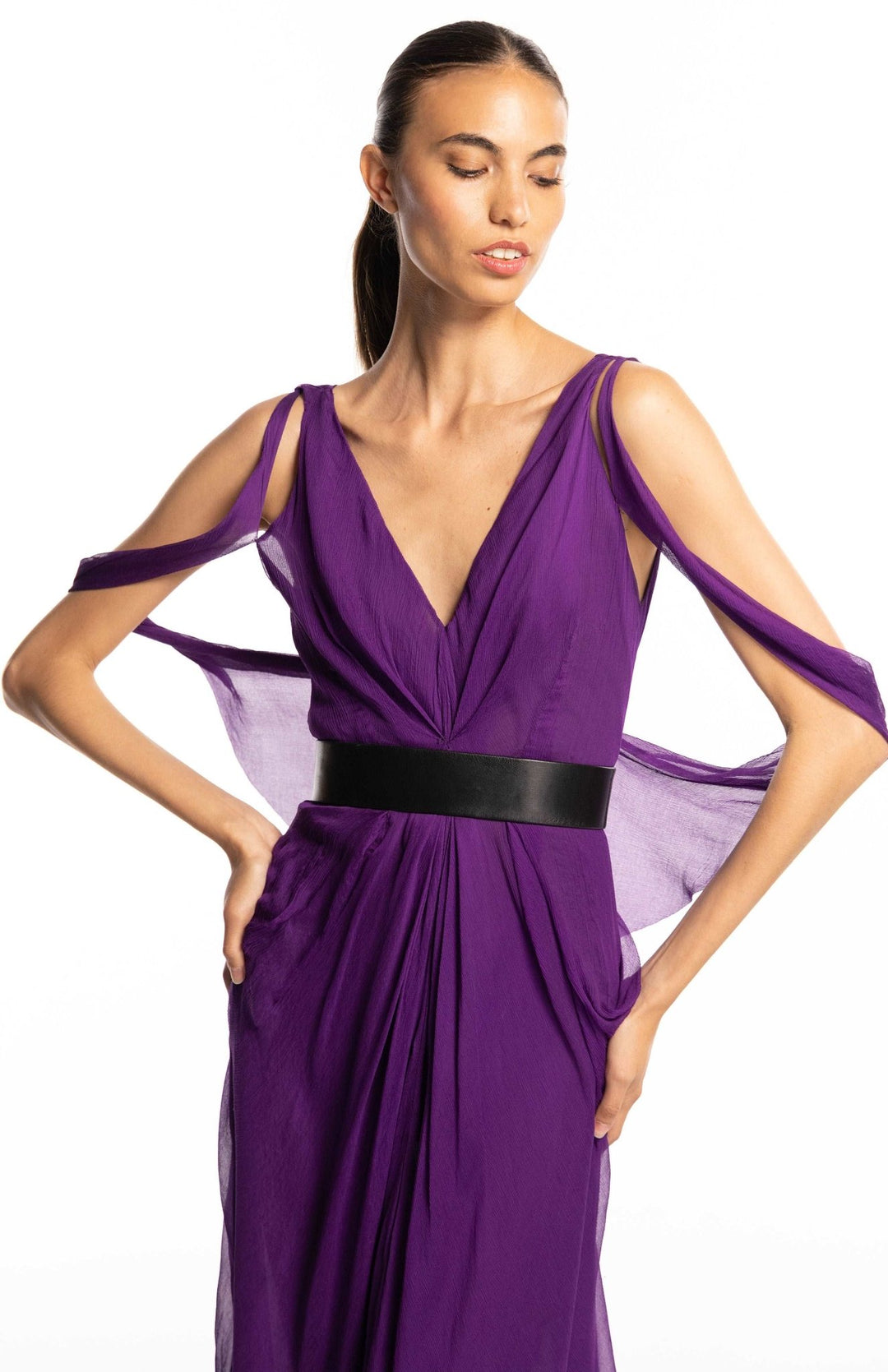 aubergine color formal maxi dress
