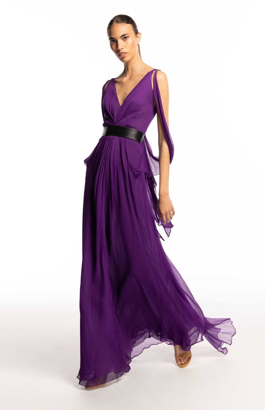 draped gown in plum color