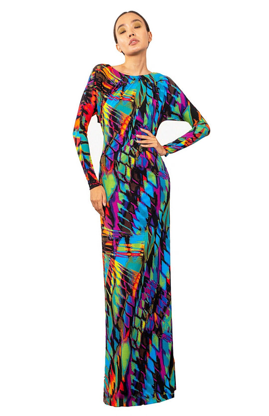 dramatic, Grecian style, printed, long sleeve long dress, with back cutout detail in bright colored jersey knit