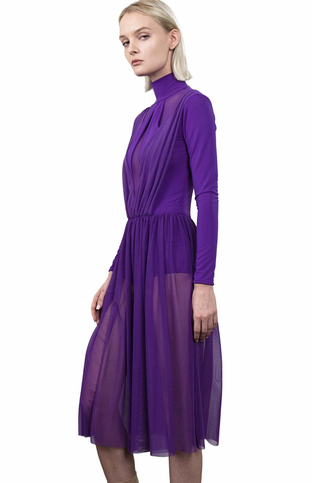 Purple, ballerina style, bodysuit dress, with long sleeves, turtleneck and gathered sheer skirt below the knee.
