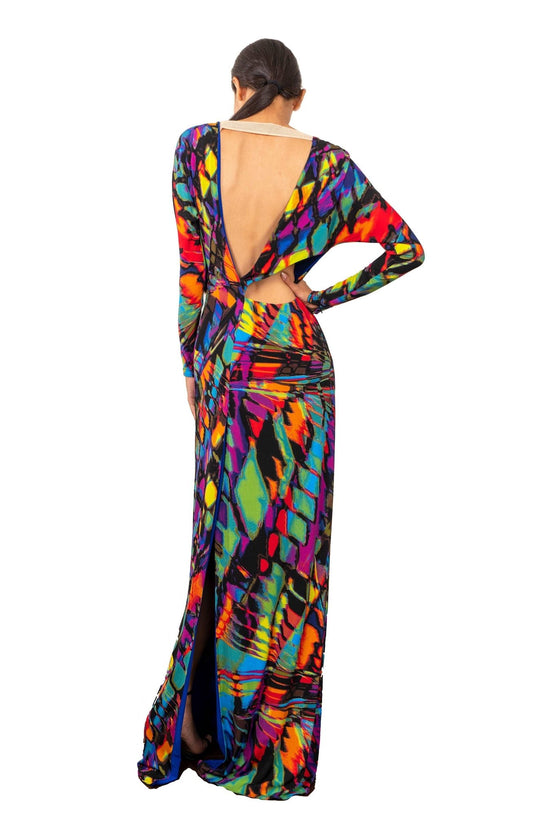 Seductive, printed, long sleeve long dress, with back cutout detail in bright colored jersey knit