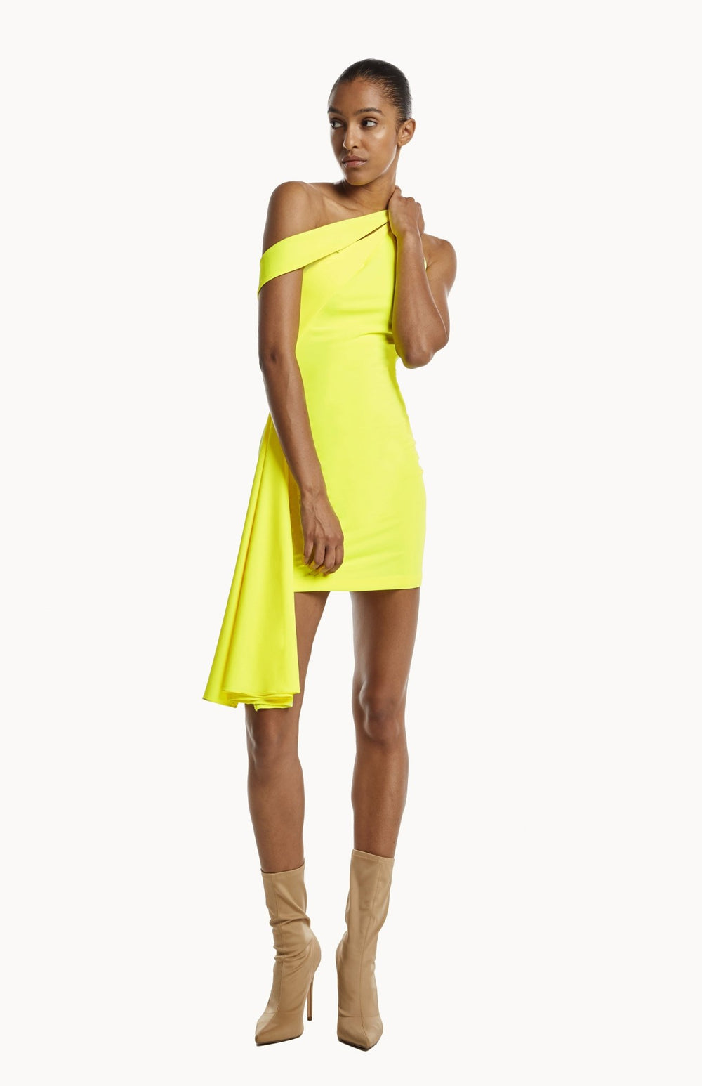 Neon yellow, one shoulder, draped, party bodycon short dress with sheer mesh back detail.