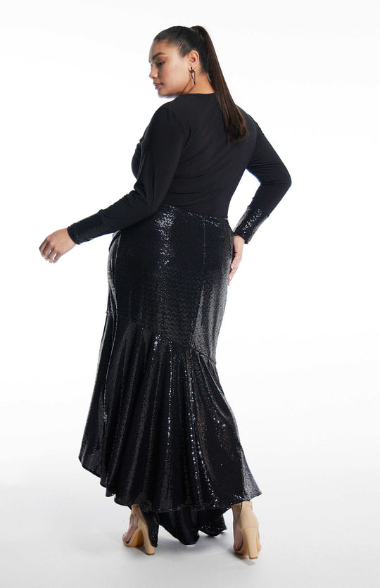 Extended sizes long black sequin skirt