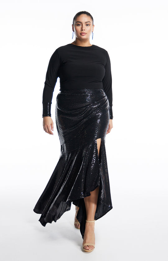 Euterpe | Plus Size Long Draped Sequin Skirt